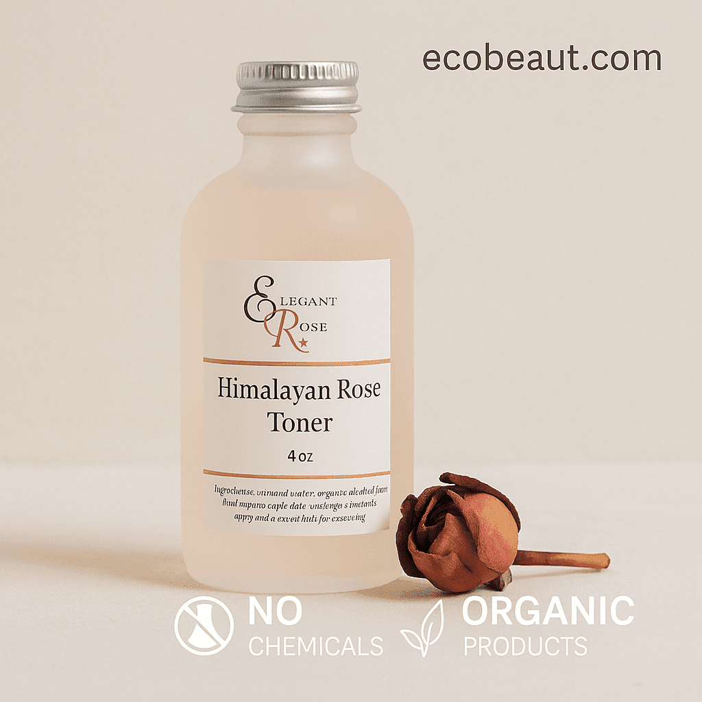 Elegant Rose Himalayan Rose Toner bottle with a dried rose on a soft beige background, ecobeaut.com in the top right corner, and icons for no chemicals and organic products at the bottom