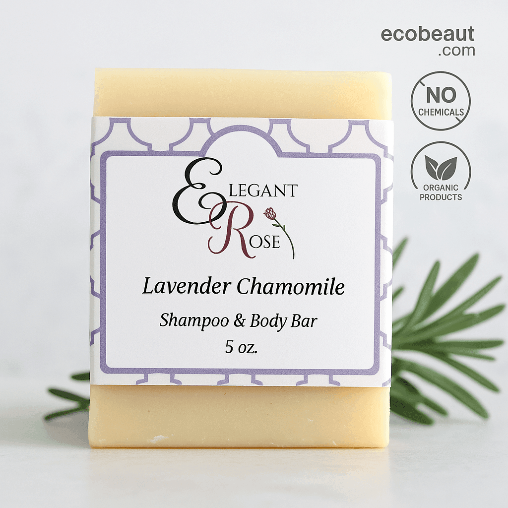 Elegant Rose Lavender Chamomile Shampoo Bar with ecobeaut.com, No Chemicals, Organic Products labels and green sprigs on a light background.