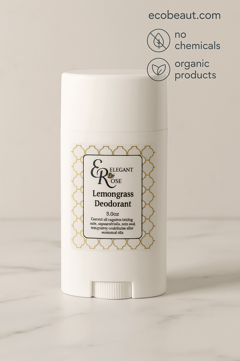 Elegant Rose Lemongrass Deodorant on marble background – natural, chemical-free formula in stylish white container, ecobeaut.com, organic products, no chemicals