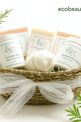 Elegant Rose gift basket containing whipped body butter, sugar scrub, and artisan soaps, arranged in a woven basket with greenery accents and ecobeaut.com written in the top right corner.