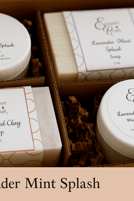 Elegant Rose gift box with Lavender Mint Splash sugar scrub, body butter, soap, and French Red Clay soap in kraft packaging, with ecobeaut.com written in the top right corner.