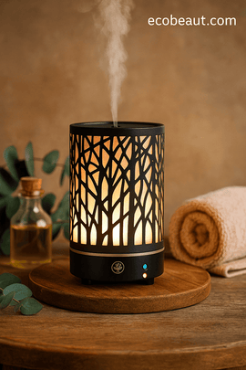 Elegant forest-patterned metal essential oil diffuser glowing warmly on a wooden surface with eucalyptus, oil bottle, towel, and ecobeaut.com label