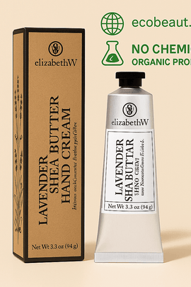 ElizabethW Lavender Shea Butter Hand Cream with kraft box, displayed on a beige background. Labeled organic, no chemicals, and featuring ecobeaut.com in the top corner.