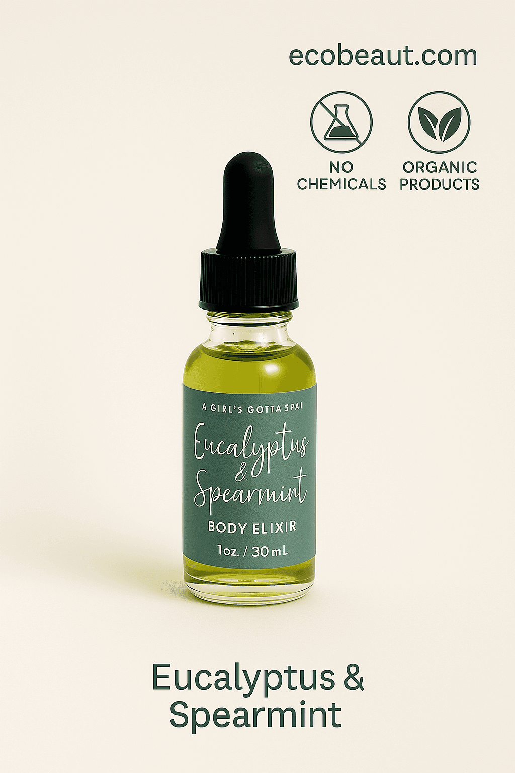 Eucalyptus & Spearmint Body Elixir bottle in close-up on a neutral beige background, featuring no chemicals and organic products icons with ecobeaut.com in the top right corner