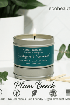 Eucalyptus & Spearmint soy candle by Plum Beech presented on a modern background with eco-friendly labels — Handmade, No Chemicals, Organic Product, Made in USA — ecobeaut.com