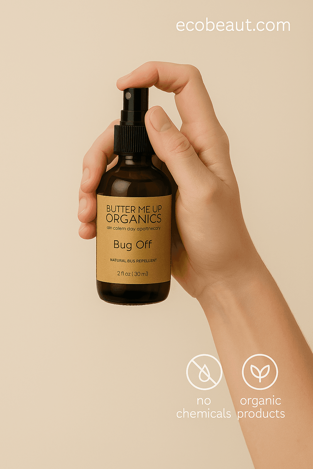 Fair-skinned hand holding Butter Me Up Organics Bug Off spray bottle against a beige background with eco labels “no chemicals,” “organic products,” and ecobeaut.com in the top right corner.