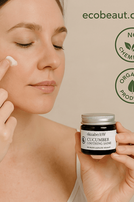Fair-skinned woman applying ElizabethW Cucumber Soothing Salve to her cheek – gentle, natural balm with organic ingredients, ecobeaut.com
