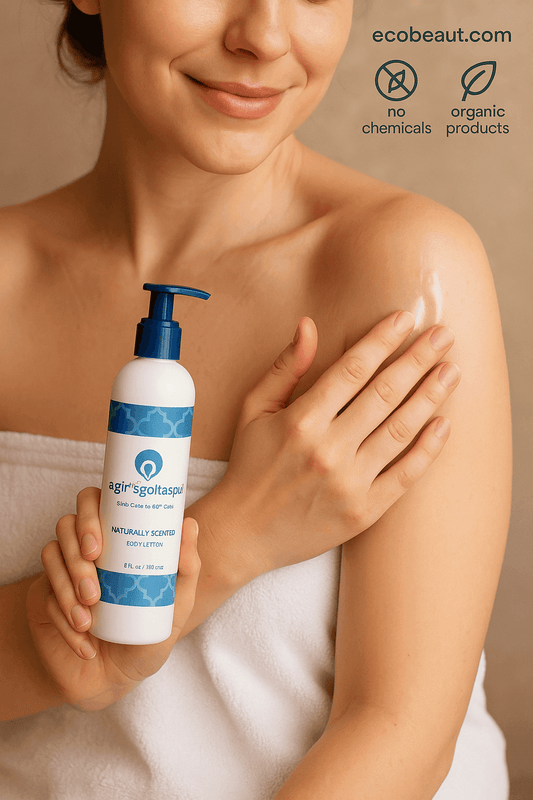 Fair-skinned woman applying Naturally Scented Body Lotion to shoulder – chemical-free hydrating skincare, organic body lotion, ecobeaut.com