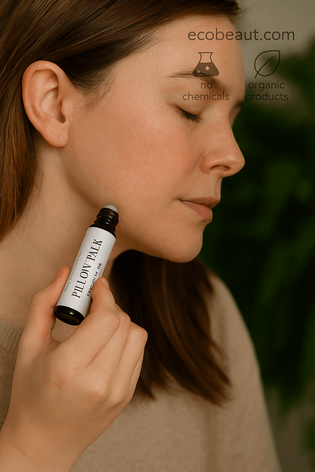 "Fair-skinned woman applying Pillow Talk essential oil roll-on to her neck, surrounded by greenery with eco-friendly icons and ecobeaut.com branding in the top right corner."