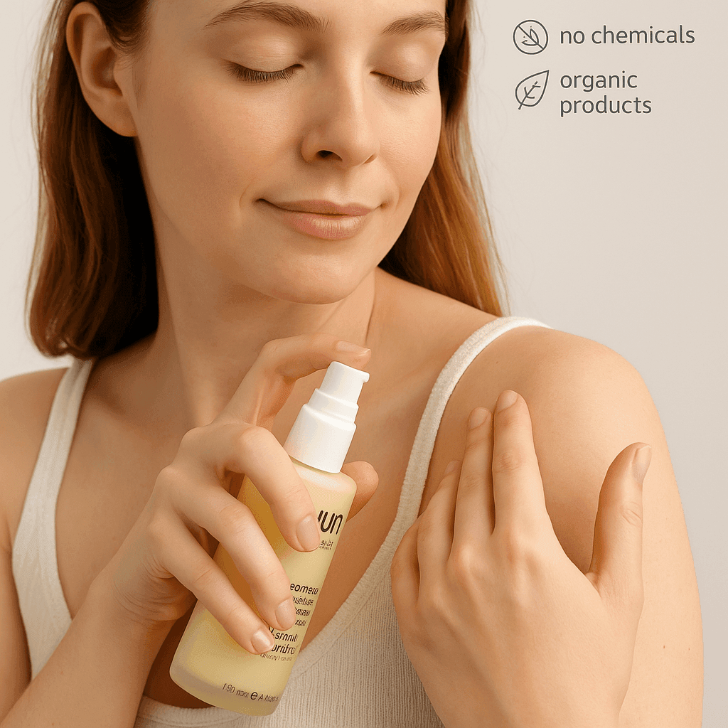 Fair-skinned woman applying YUNI Bedtime Body Essence to her shoulder, product bottle visible with ecobeaut.com and eco-friendly labels – relaxing organic body care USA