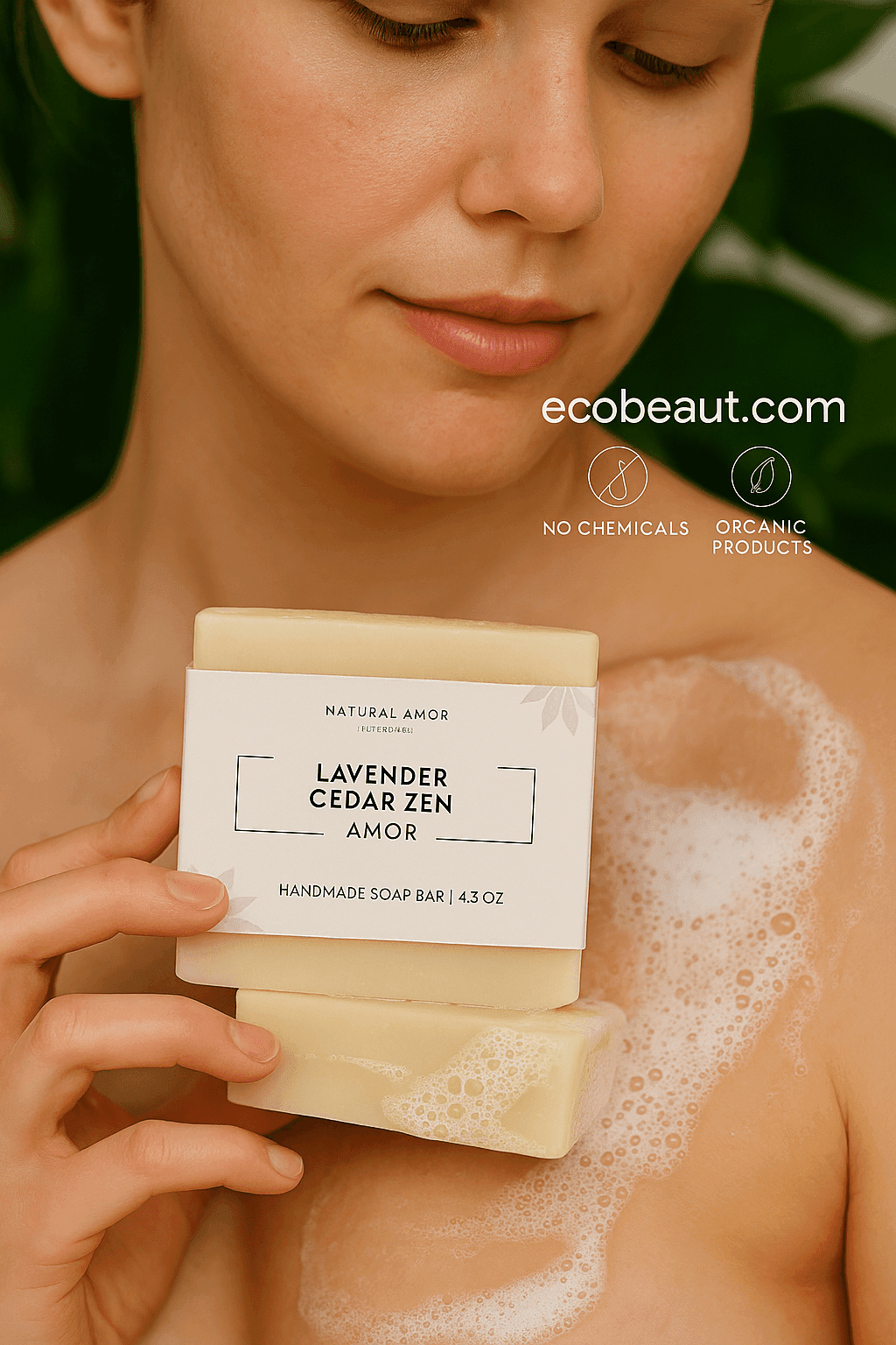 Fair-skinned woman cleansing her neck with Lavender Cedar Zen soap bar from Natural Amor, surrounded by greenery, featuring ecobeaut.com, “NO CHEMICALS,” and “ORGANIC PRODUCTS” icons in the top right corner.