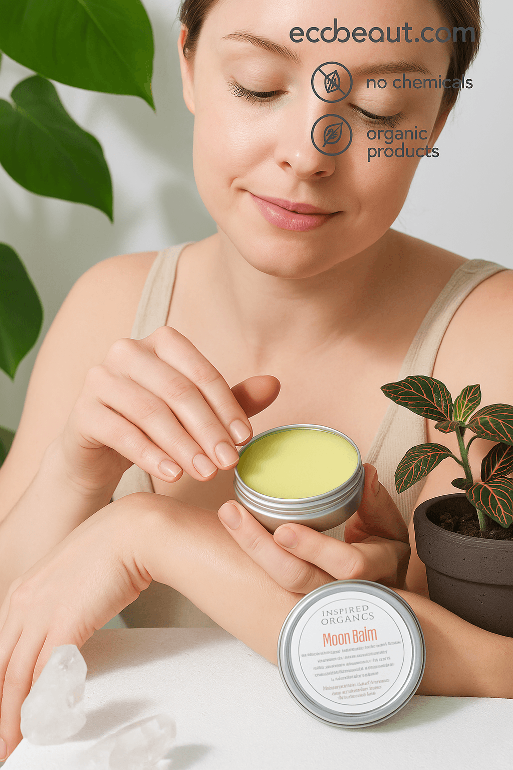 Fair-skinned woman gently applying Moon Balm to her arm – natural soothing balm for menstrual balance with organic ingredients, ecobeaut.com