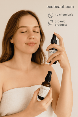 Fair-skinned woman spraying Love Potion #2 organic toilet spray in a minimalist bathroom – ecobeaut.com