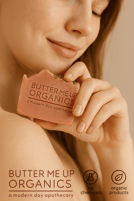 Fair-skinned woman using Butter Me Up Organics pink soap with natural herbs, labeled no chemicals and organic products – natural skincare USA