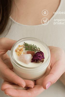Fair-skinned woman using Fertility Candle from ecobeaut.com – lighting a crystal soy wax candle for meditation and abundance rituals. No chemicals, organic products.