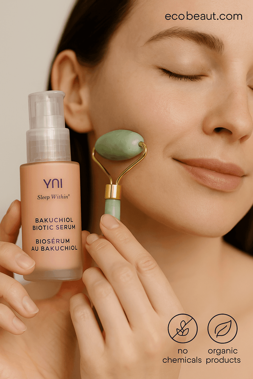 Fair-skinned woman using jade roller to apply YUNI Bakuchiol Biotic Serum to her cheek – organic, chemical-free skincare from ecobeaut.com.