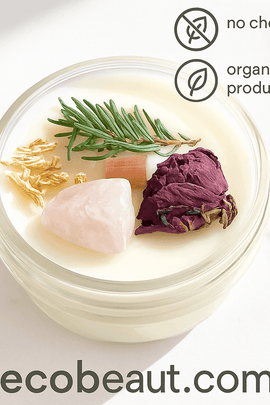 Fertility Candle by ecobeaut.com – handcrafted soy wax candle with rose quartz, dried flowers, and pine sprig in a clear glass jar. Organic and chemical-free.