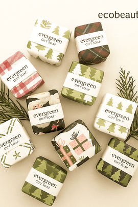 Festively wrapped Evergreen bath cubes arranged with pinecones and evergreen sprigs – holiday gift soap from ecobeaut.com