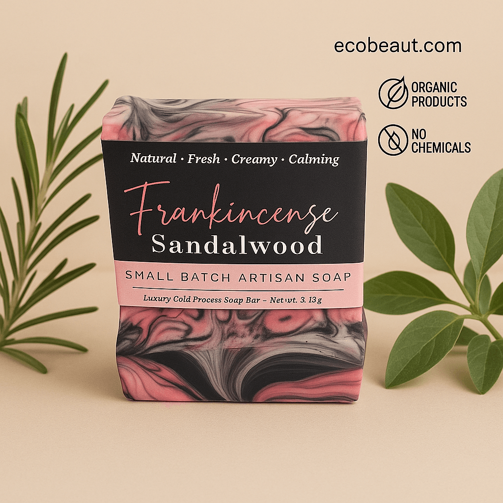 Frankincense Sandalwood artisan soap bar with pink and black swirls, surrounded by green leaves, featuring ecobeaut.com, “ORGANIC PRODUCTS,” and “NO CHEMICALS” icons in the top right corner.