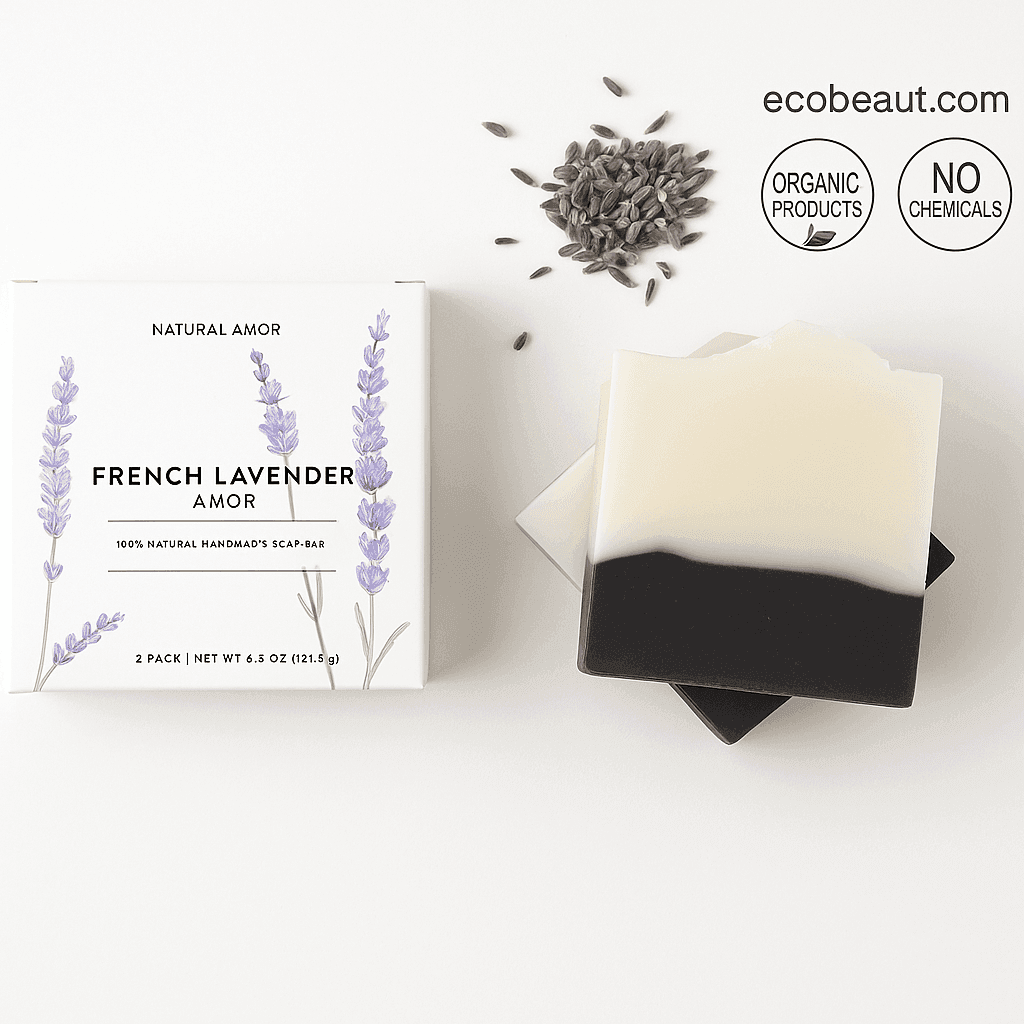 French Lavender Amor handmade soap bars and packaging on a white background with scattered lavender seeds, featuring ecobeaut.com, “ORGANIC PRODUCTS,” and “NO CHEMICALS” icons aligned to the upper center-left.