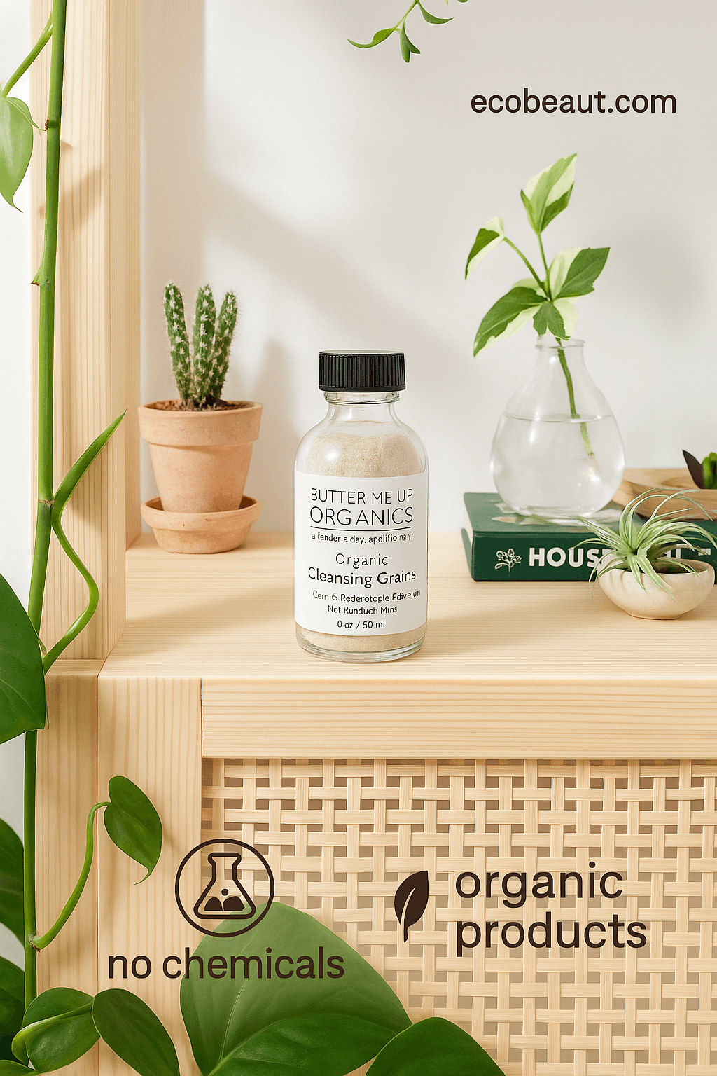 Glass bottle of “Organic Cleansing Grains – Gentle Face Scrub & Exfoliant for Radiant Skin” by Butter Me Up Organics displayed on a wooden shelf with decorative plants around, featuring a clean natural aesthetic. The website “ecobeaut.com” is in the top right corner, with eco-labels “no chemicals” and “organic products” at the bottom.