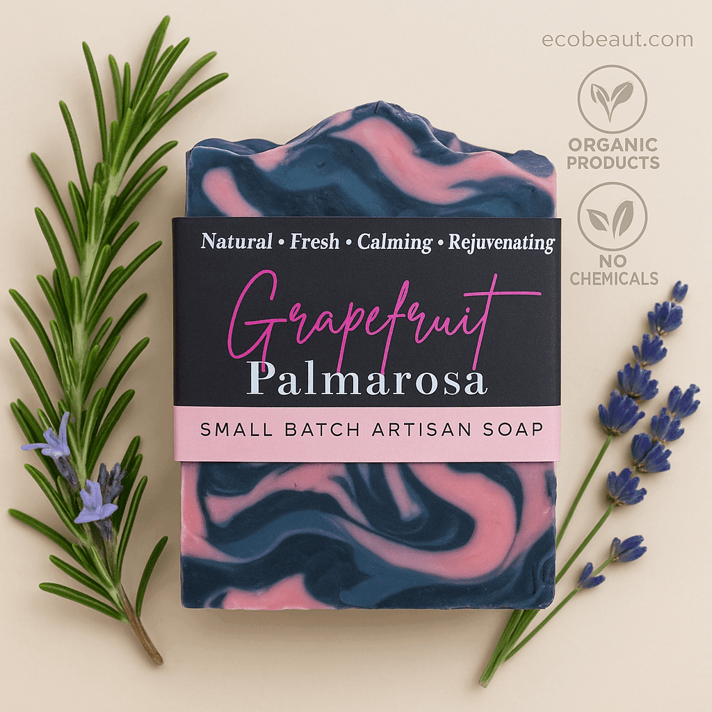 Grapefruit Palmarosa artisan soap bar with deep navy blue and pink swirls, surrounded by rosemary and lavender, featuring ecobeaut.com, “NO CHEMICALS,” and “ORGANIC PRODUCTS” icons in the top right corner.