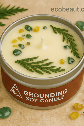 Grounding soy candle with green aventurine and golden resin on natural background – eco-friendly aromatherapy candle from ecobeaut.com