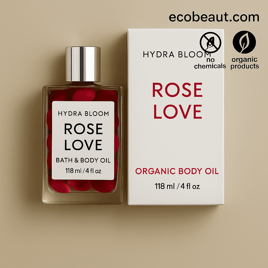 HYDRA BLOOM ROSE LOVE Bath & Body Oil bottle with rose petals inside, displayed next to its white packaging box on a clean beige background, featuring eco-friendly icons and ecobeaut.com in the top right corner