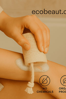 Hand gently exfoliating forearm with natural loofah – organic skincare routine with ecobeaut.com branding"