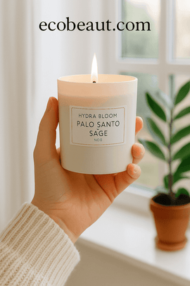 Hand holding Hydra Bloom Palo Santo + Sage soy candle – minimalist lifestyle photo for ecobeaut.com natural candle collection