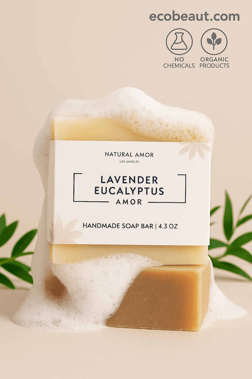 Handmade Lavender Eucalyptus Amor soap bar with foam, surrounded by greenery, featuring ecobeaut.com and eco-friendly icons in the top right corner.