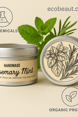 Handmade rosemary mint soy candle in silver tin with botanical lid art – natural and organic product from ecobeaut.com
