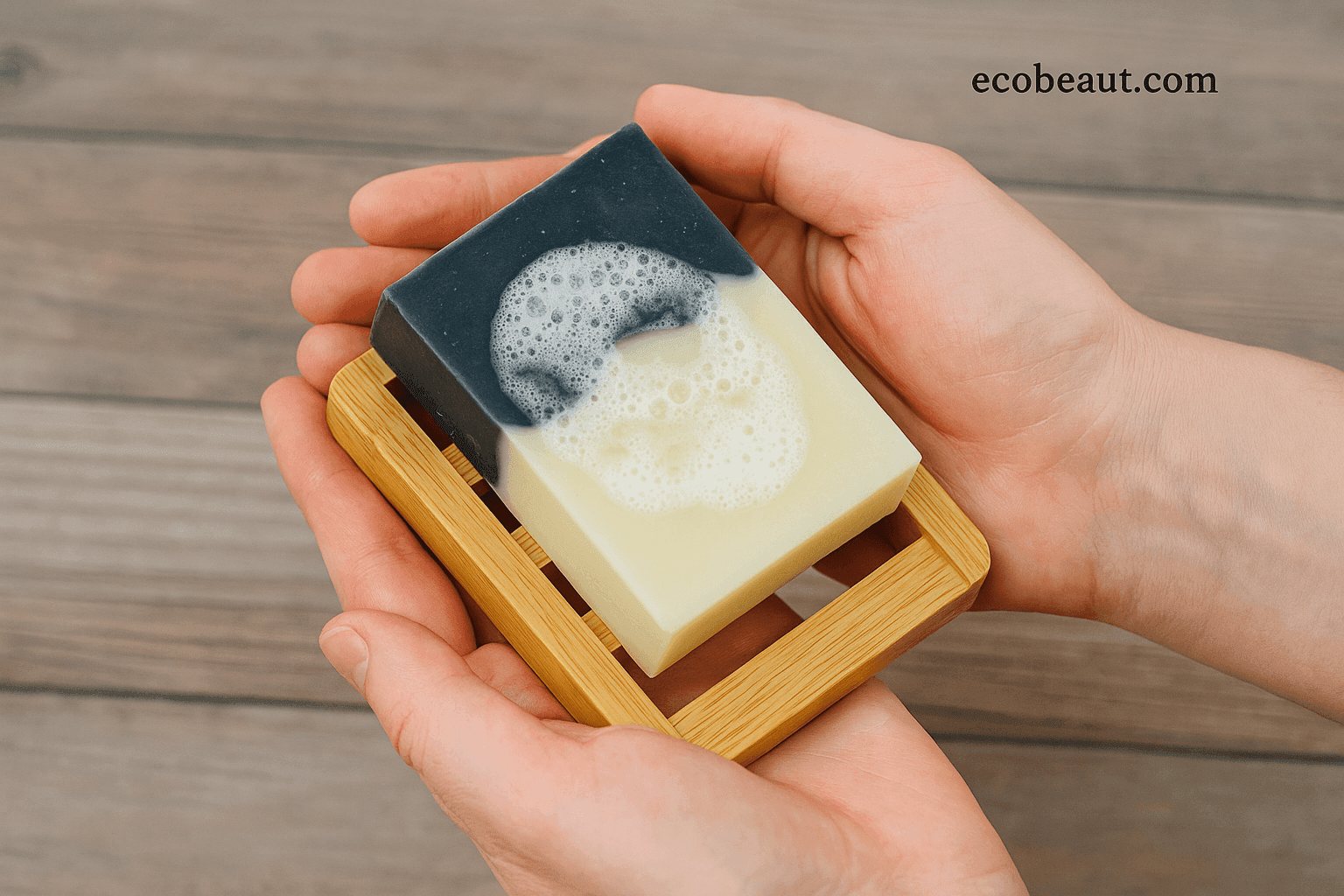Hands holding eco-friendly bamboo soap dish with black and white handmade soap – ecobeaut.com