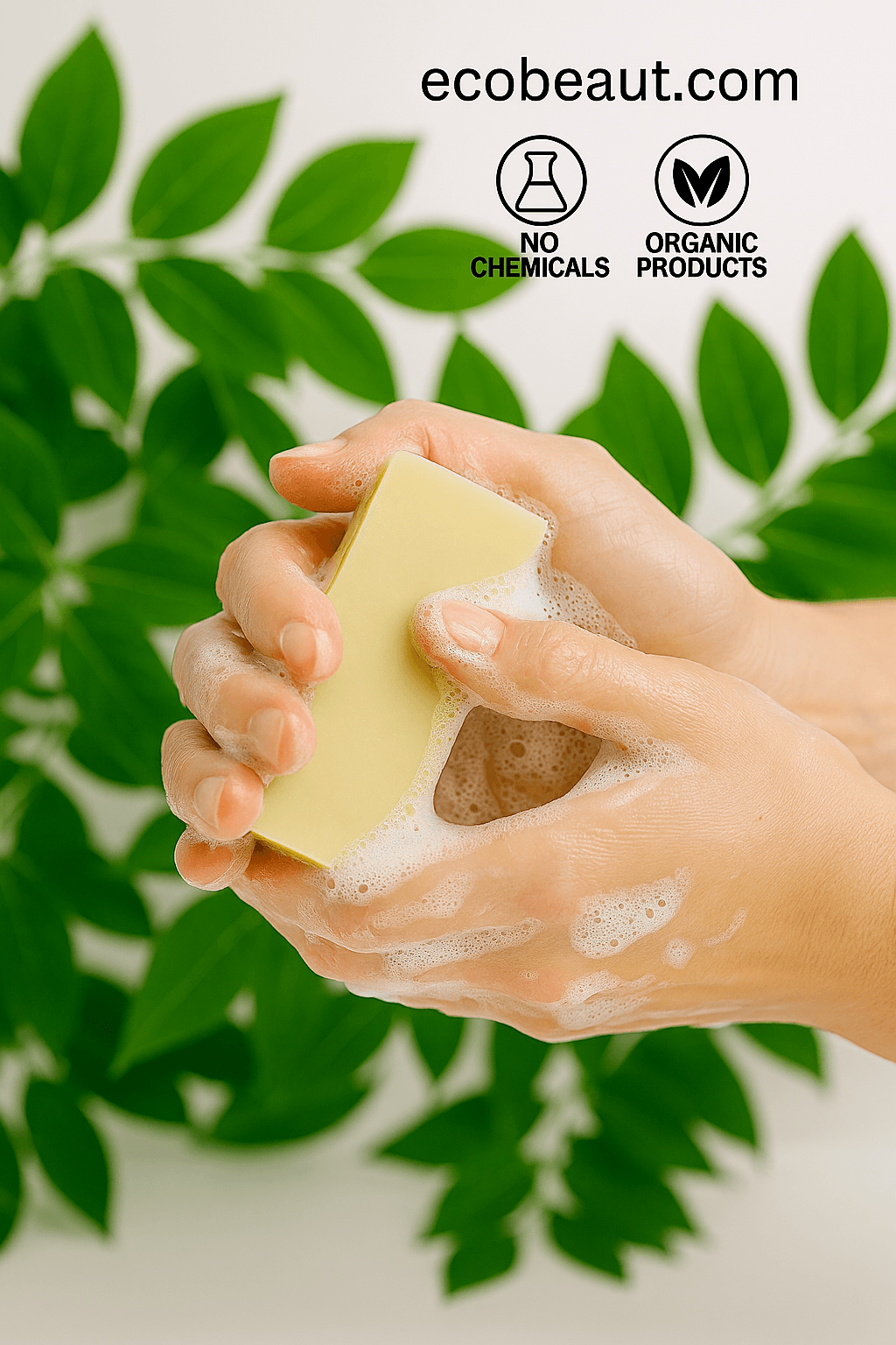 Hands washing a pale yellow soap bar with foam, against a leafy green background and ecobeaut.com branding.