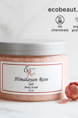 Himalayan Rose Salt Body Scrub in clear jar with dried rose bud – natural pink exfoliant on white background – ecobeaut.com, no chemicals, organic products