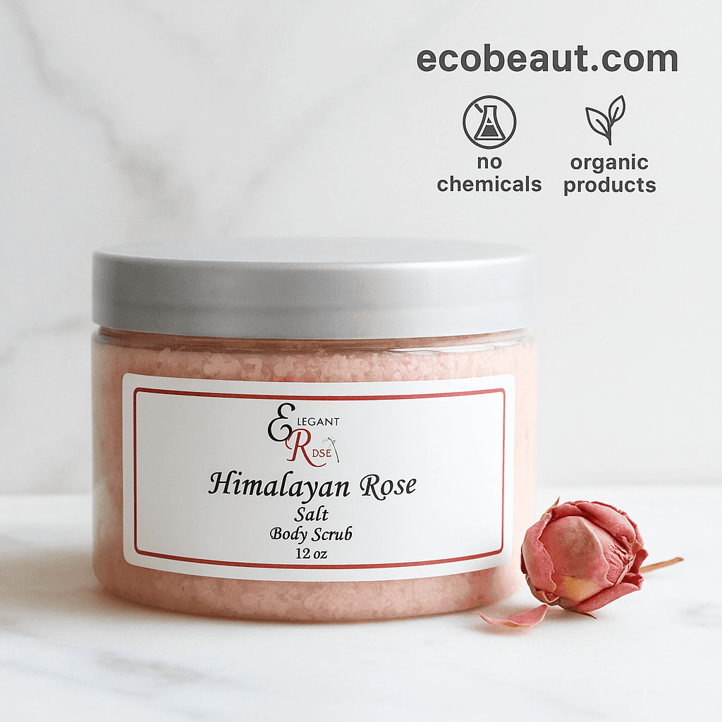 Himalayan Rose Salt Body Scrub in clear jar with dried rose bud – natural pink exfoliant on white background – ecobeaut.com, no chemicals, organic products