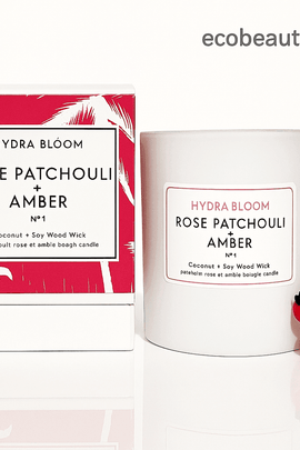 Hydra Bloom Rose Patchouli Amber Candle – eco-friendly coconut and soy wax wood wick candle in elegant white jar with red box, product display on ecobeaut.com
