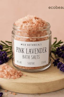 Jar of Wild Botanicals Pink Lavender Bath Salts with fresh lavender flowers on a wooden tray and ecobeaut.com in the corner