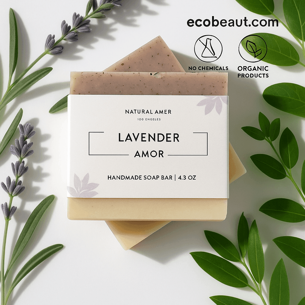 Lavender Amor handmade soap bar with lavender sprigs and green leaves, featuring ecobeaut.com, “NO CHEMICALS,” and “ORGANIC PRODUCTS” icons in the top right corner.