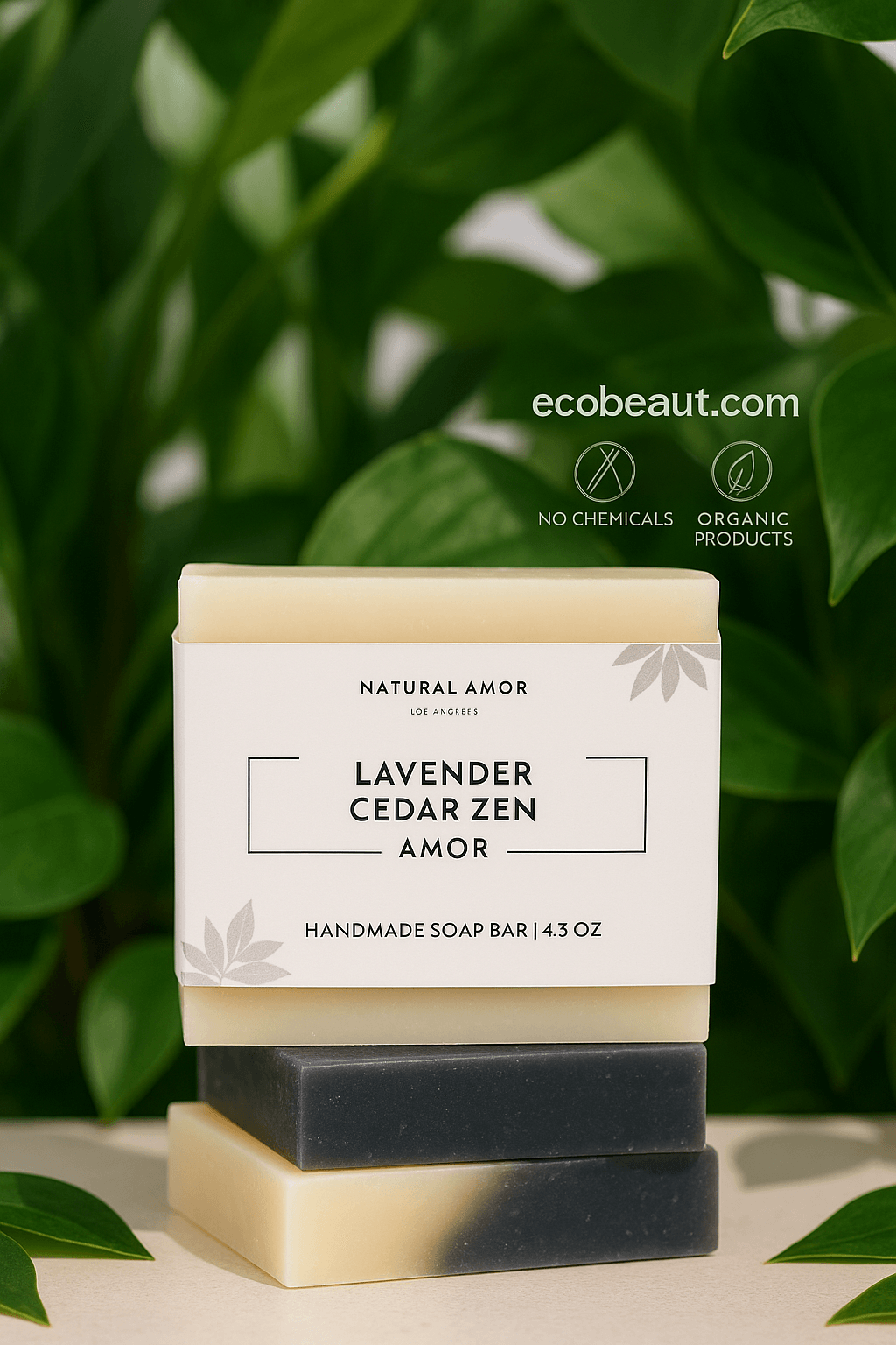 Lavender Cedar Zen Amor handmade soap bar stacked on two others, surrounded by lush green leaves, with ecobeaut.com, “NO CHEMICALS,” and “ORGANIC PRODUCTS” icons in the top right corner.