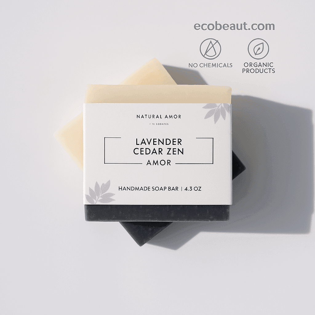 Lavender Cedar Zen Amor handmade soap bar with eco-friendly label, featuring ecobeaut.com, “NO CHEMICALS,” and “ORGANIC PRODUCTS” icons in the top right corner.