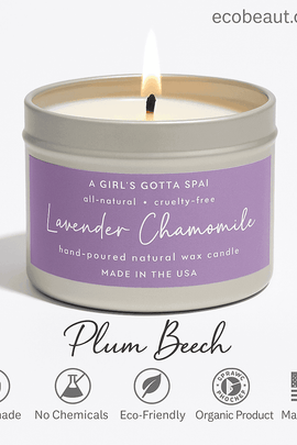 Lavender Chamomile natural wax candle by Plum Beech presented with lavender sprigs on stone slab – Handmade, No Chemicals, Eco-Friendly, Organic Product, Made in USA – ecobeaut.com