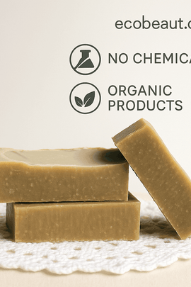 Lavender Dream Shampoo Bars on a white doily with ecobeaut.com, No Chemicals, and Organic Products labels.