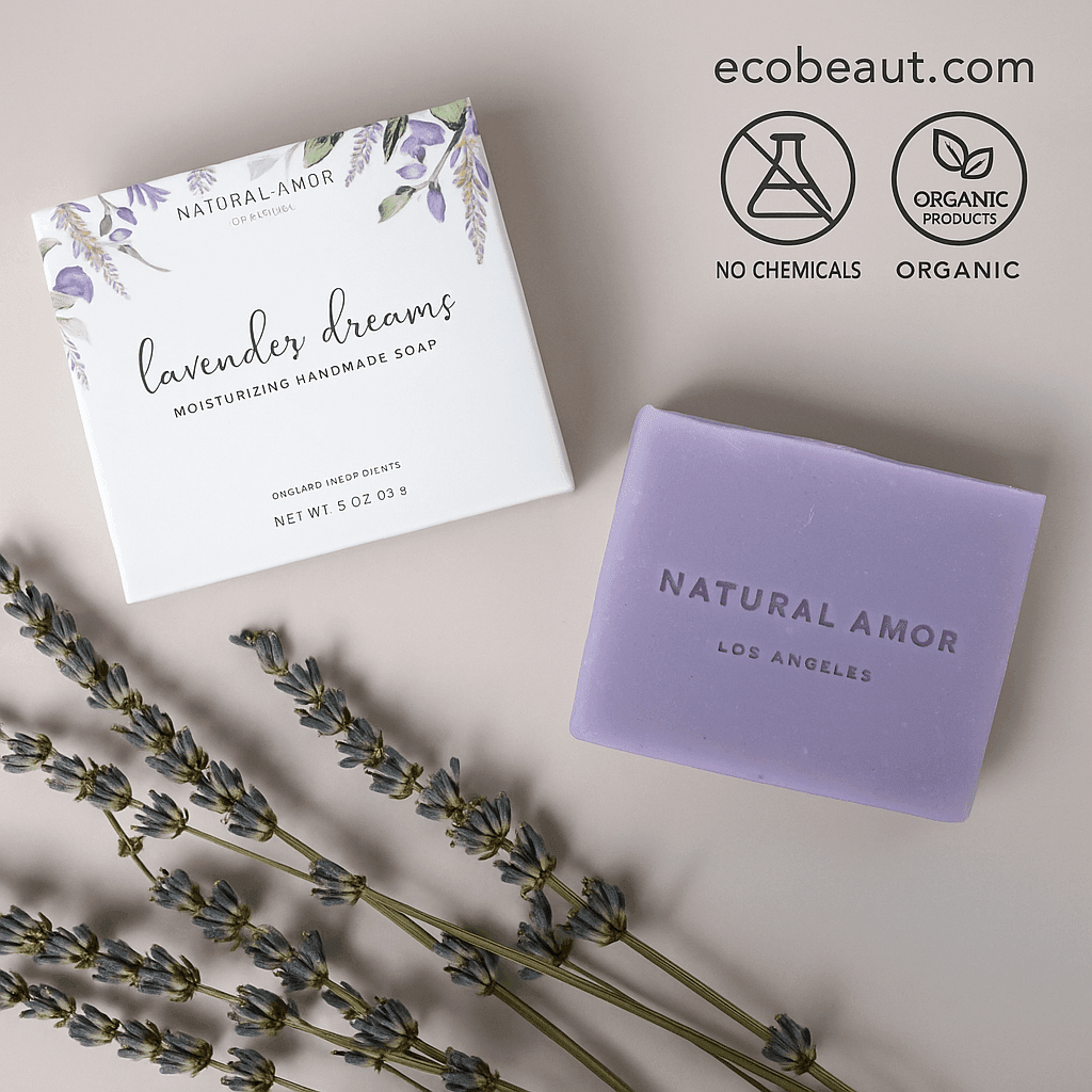 Lavender Dreams handmade soap by Natural Amor with packaging, dried lavender, ecobeaut.com, and organic certification icons on a soft beige background.