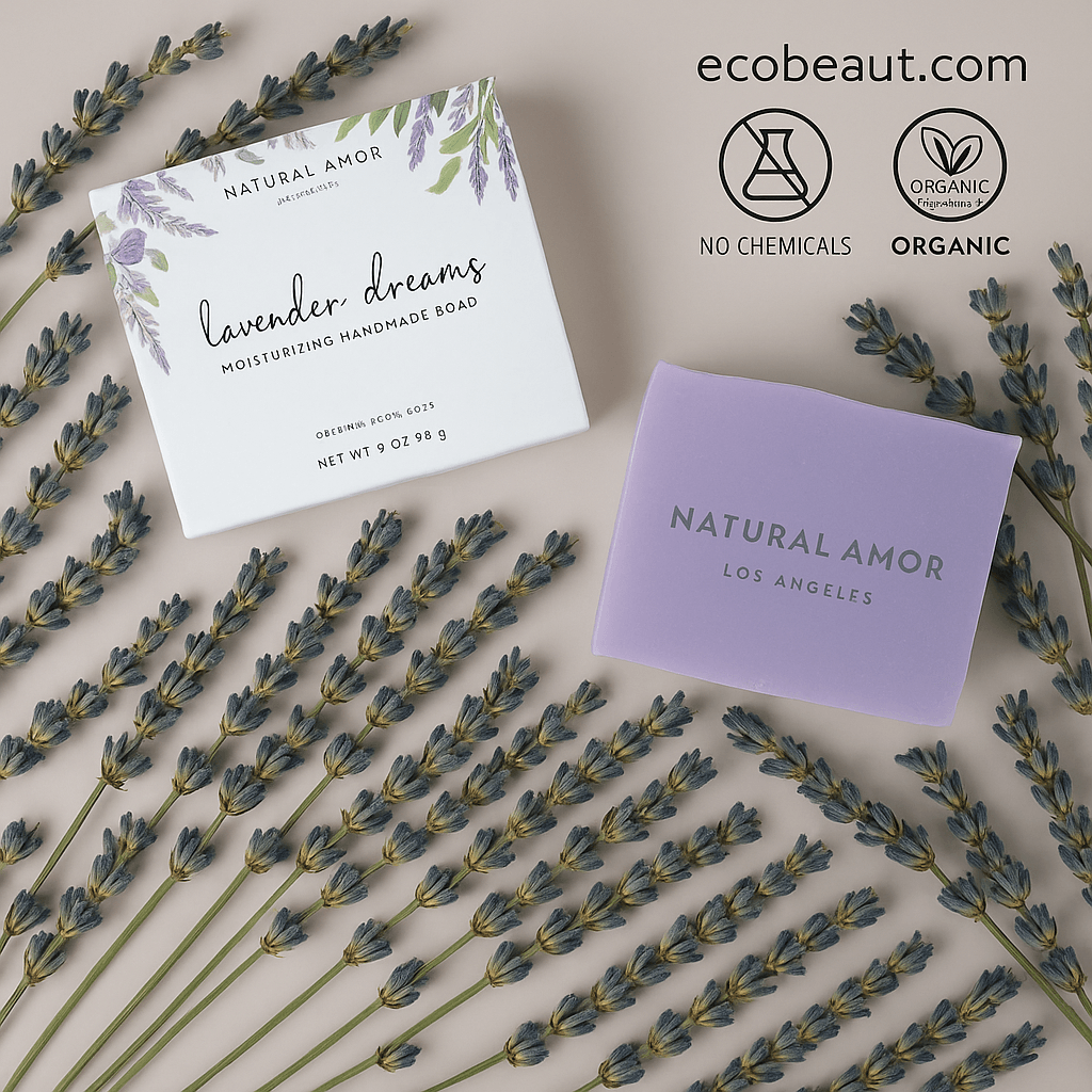 Lavender Dreams soap bar and packaging from Natural Amor, arranged on a beige background with abundant dried lavender, featuring ecobeaut.com, “NO CHEMICALS,” and “ORGANIC PRODUCTS” icons in the top right corner.
