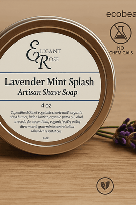 Lavender Mint Splash Artisan Shave Soap in metal tin on white background with ecobeaut.com branding, no chemicals, organic products