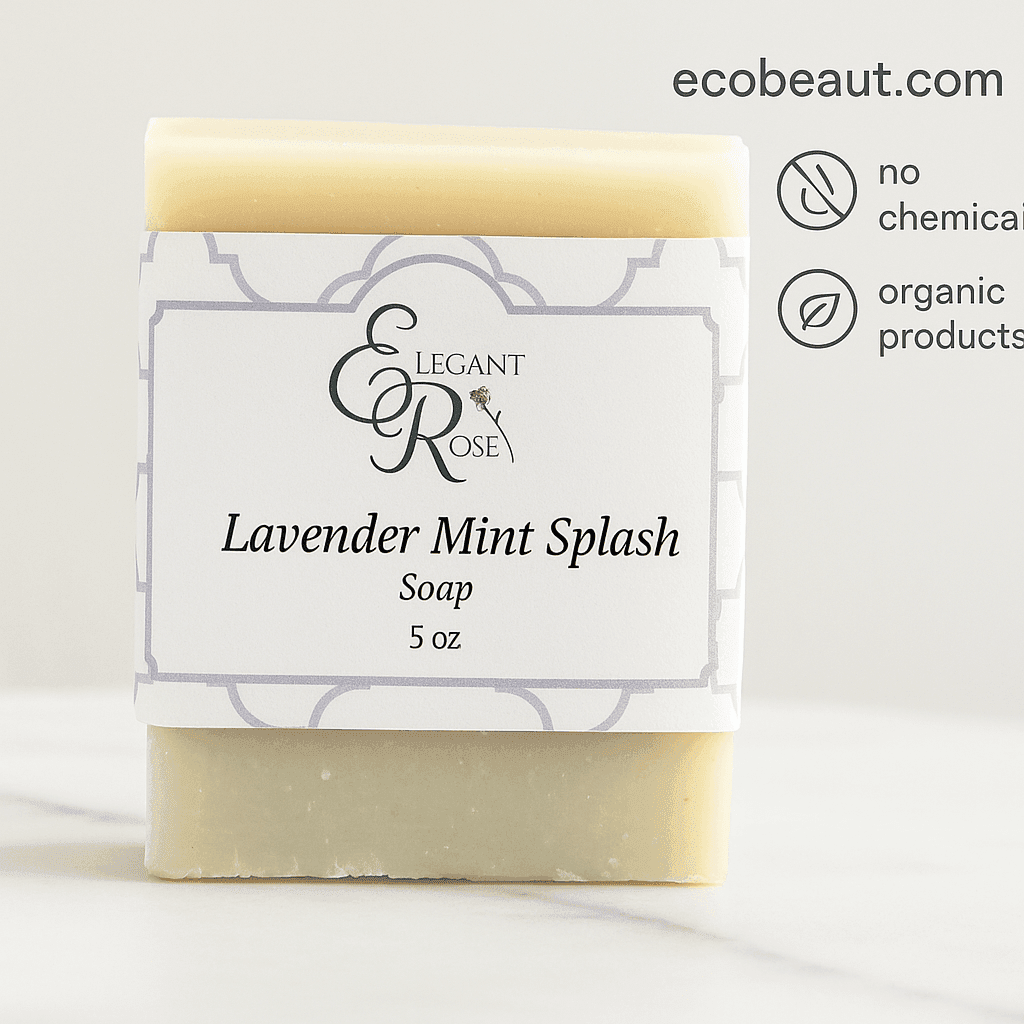 Lavender Mint Splash organic soap bar with Elegant Rose label – minimalist product photo featuring no chemicals, organic products, ecobeaut.com