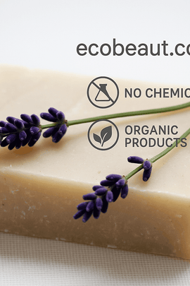 Lavender Rosemary Shampoo Bar with fresh lavender sprigs and eco labels: ecobeaut.com, No Chemicals, Organic Products.