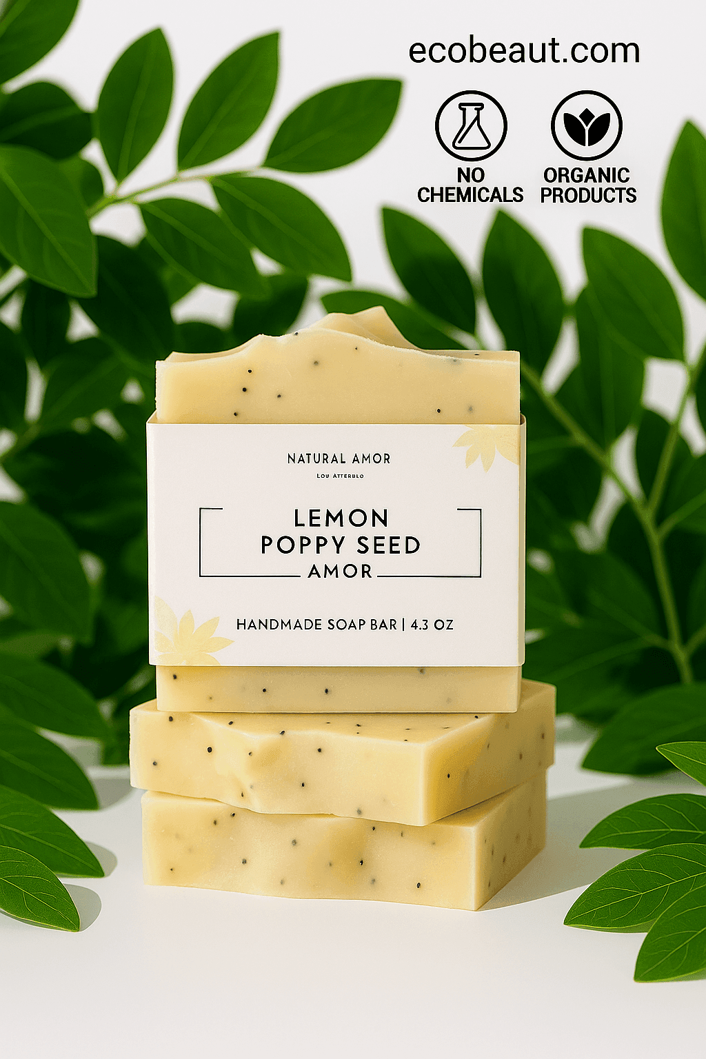 Lemon Poppy Seed handmade soap bar with clean white packaging, surrounded by green leaves and labeled with "ecobeaut.com", "NO CHEMICALS", and "ORGANIC PRODUCTS" icons.