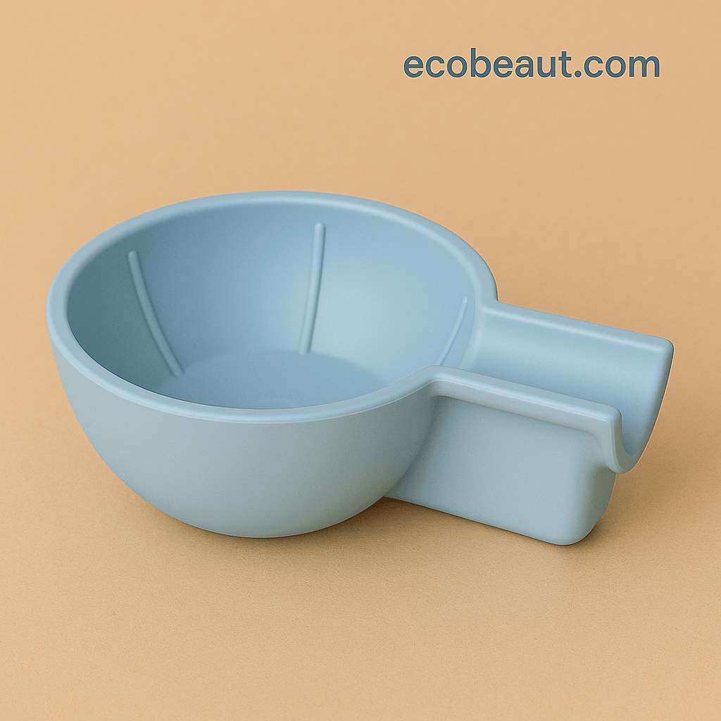 Light blue plastic mixing bowl for organic skincare routines – clean minimalist design with handle – presented on beige background with ecobeaut.com logo